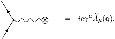 费曼图规则公式：顶点图示等于对应的数学表达式 -ieγ^μ A_μ(q)