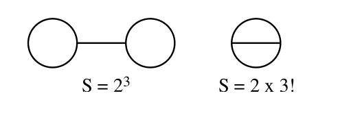 两个简单的费曼图，左侧为两个通过一条线连接的圆圈，右侧为一个中间有一条横线的圆圈，分别标注了对称因子 S = 2^3 和 S = 2 x 3!。