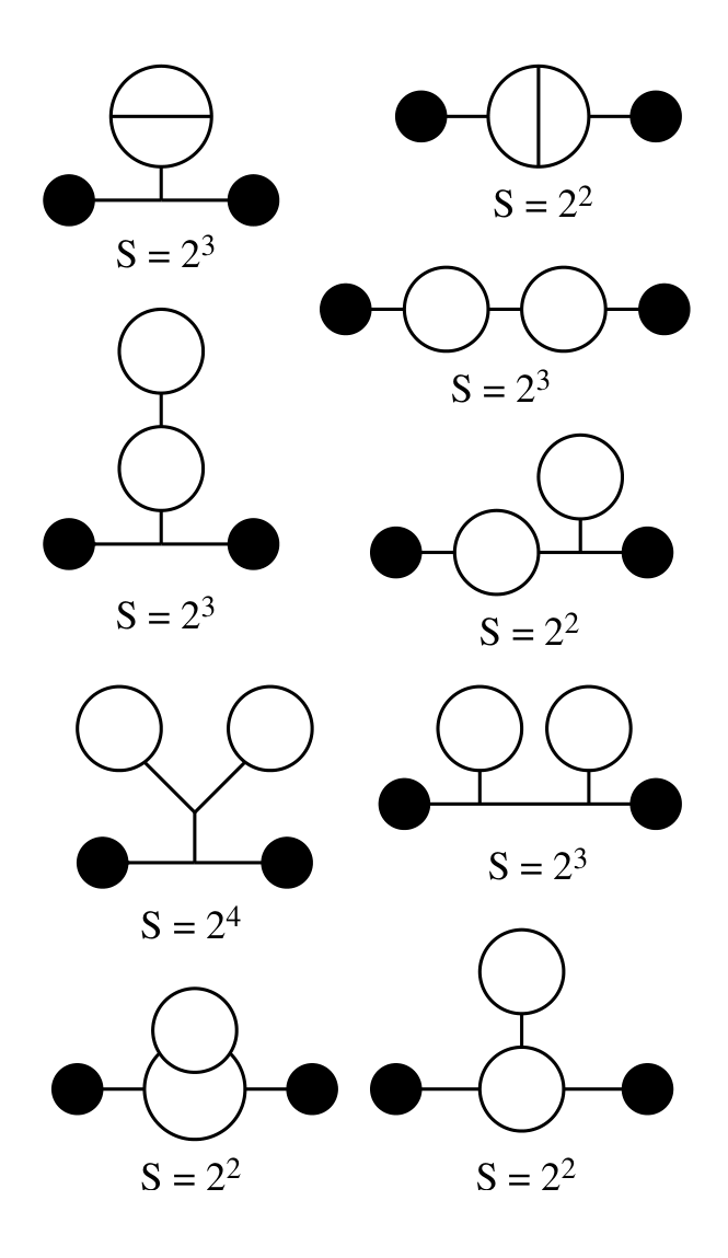 A collection of ten Feynman diagrams representing connected vacuum polarization-like graphs with two external legs (E=2) and four vertices (V=4). Each diagram consists of solid lines, loops, and external points, with its corresponding symmetry factor S labeled below it (e.g., S=2^3, S=2^2, S=2^4).